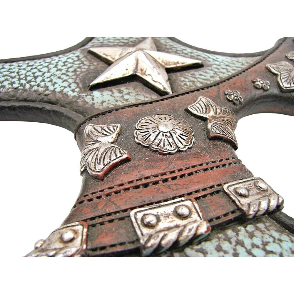 Rustic Western Boho Cross Decor Triple Silver Star Turquoise Faux Leather 13" - Picture 9 of 12